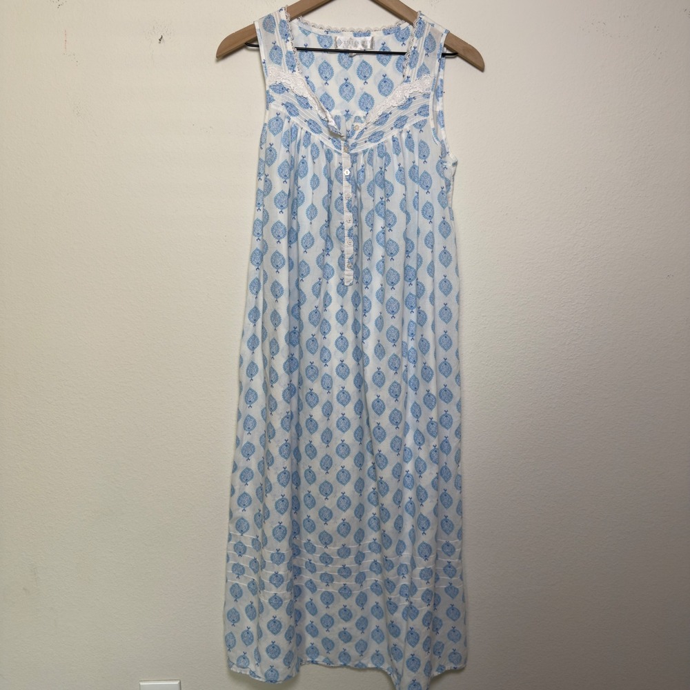 Eileen West Women 100% Cotton Nightgown Small Blue White Lace Pintuck Sleeveless